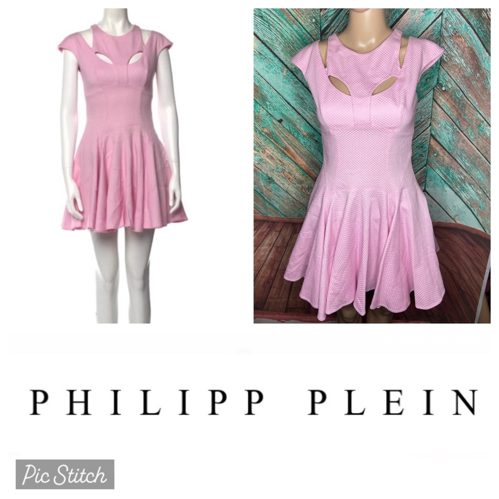 Philipp Plein Pink Crew Neck Cutout Skater Skirt Mini Dress